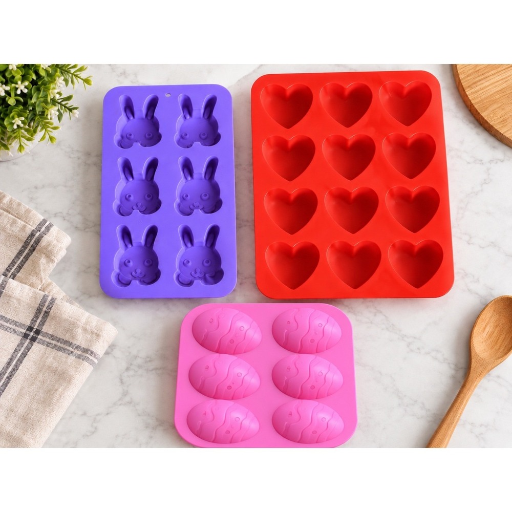 Silicone Baking Molds Lot 3 Easter Bunny Egg Heart SILIVO Candy Chocolate Soap